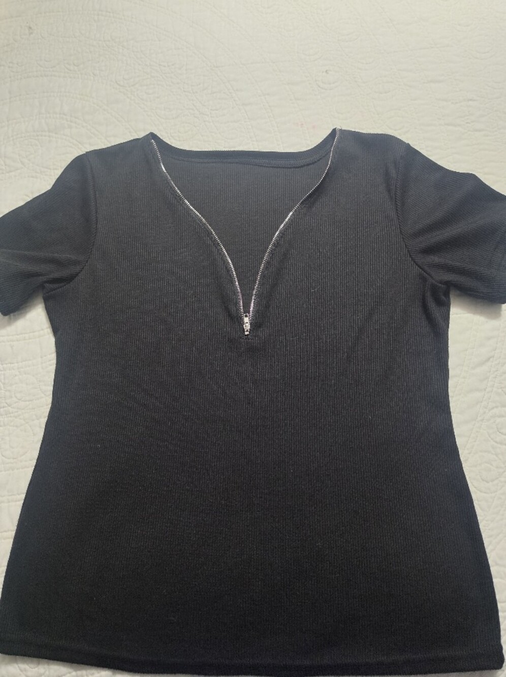 Women's Black Ribbed Short-Sleeve Top with Front Zip